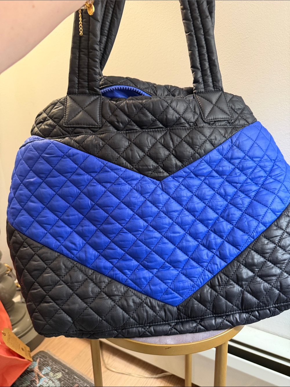 MZ Wallace Metro Tote Deluxe, featuring a quilted pattern in black & blue - Picture 3 of 8